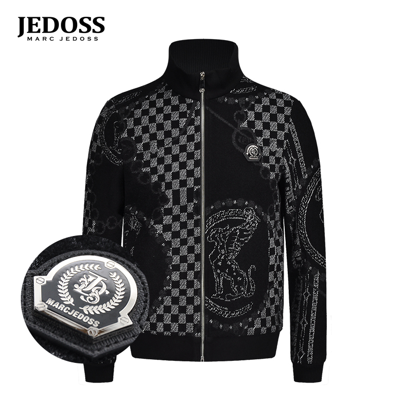 JEDOSS/爵迪斯男装休闲时尚外装锁温款绒面格纹针织夹克休闲外套