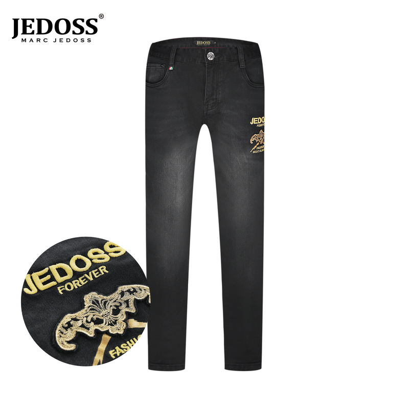 JEDOSS/爵迪斯潮牌夏季男装高能感刺绣章仔LOGO黑色轻奢牛仔裤014