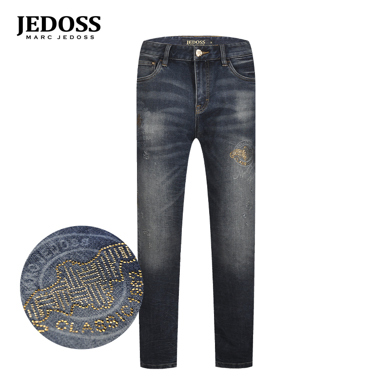 JEDOSS/爵迪斯男装秋冬专柜新款LOGO烫印磨白修身牛仔裤TL126男士
