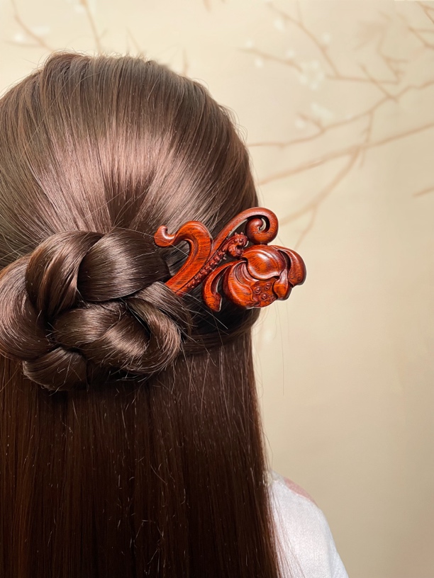 【原创】睡莲弯月发簪双面立体雕刻精雕发饰