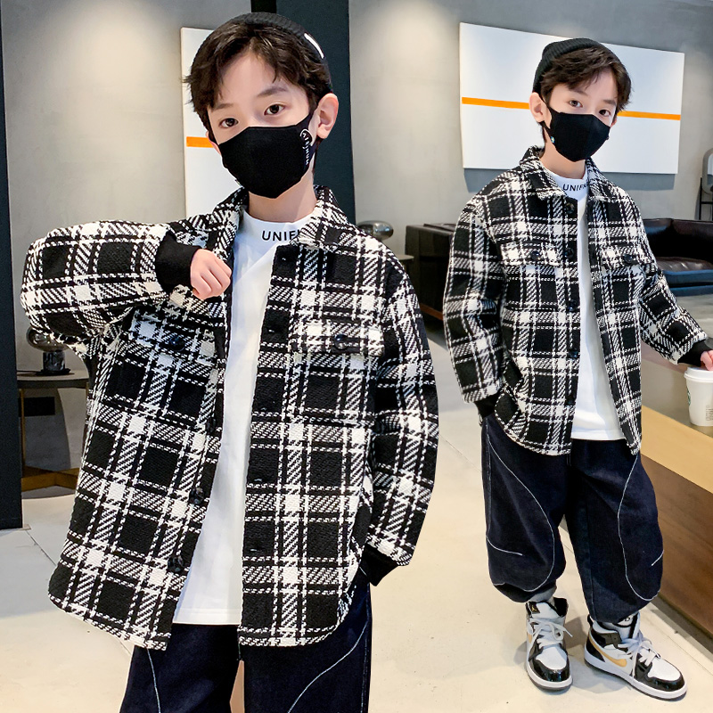 男童格子外套秋冬季中大童儿童夹棉上衣2023新款千鸟格毛呢大衣服
