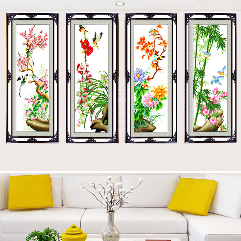 十字绣梅兰竹菊四联画书房间客厅手工线绣45cm*100cm画框尺寸