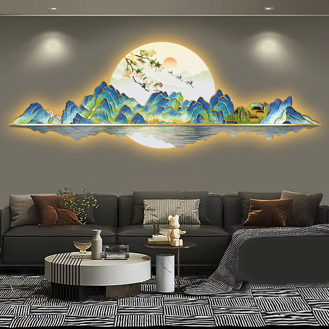 沙发墙壁画客厅山水配饰挂画鸟语花香背景墙装饰画中式感茶室墙画