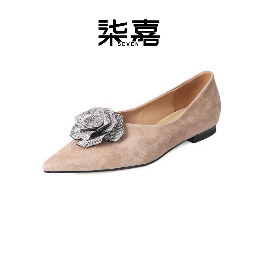 柒嘉996高定轻奢磨砂皮手工女鞋 小香风高级感 水钻尖头平底鞋