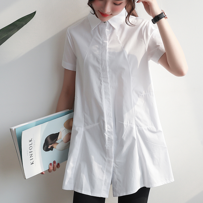 韩版中长款衬衫大码白色纯棉休闲夏季宽松