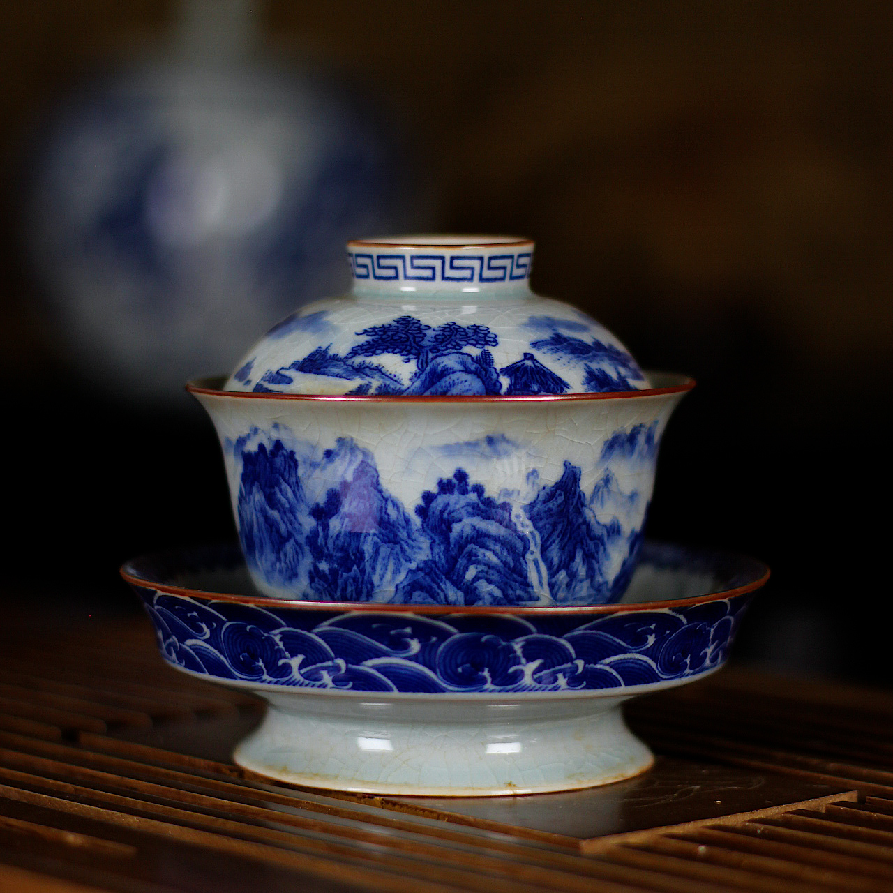 【大盖碗】景德镇中式釉下彩手工茶具老陶泥开片高足盖碗千里江山