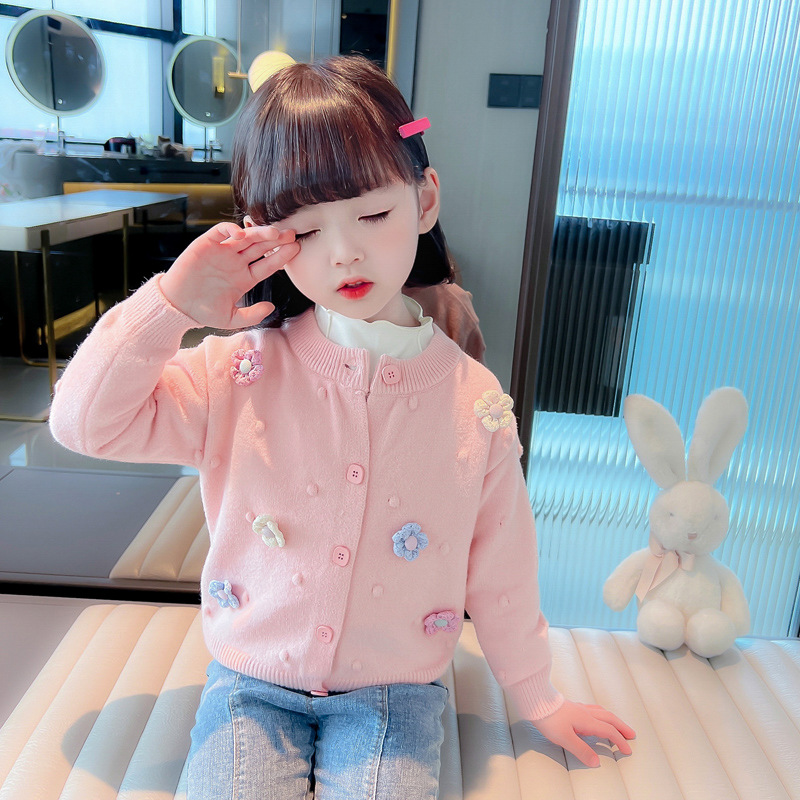 女童刺绣立体花朵开衫毛衣女宝宝秋季1岁舒适2柔软3百搭4针织外套