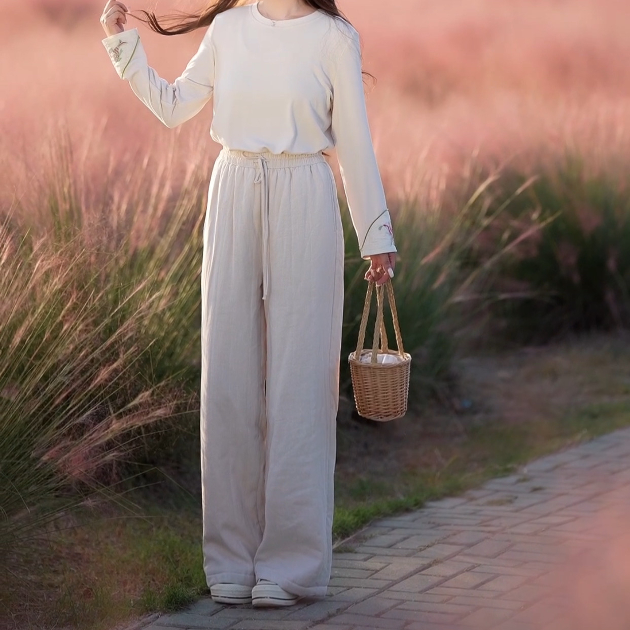 9296冬装新款天丝苎麻夹棉休闲裤女松紧腰抽绳百搭直筒棉裤