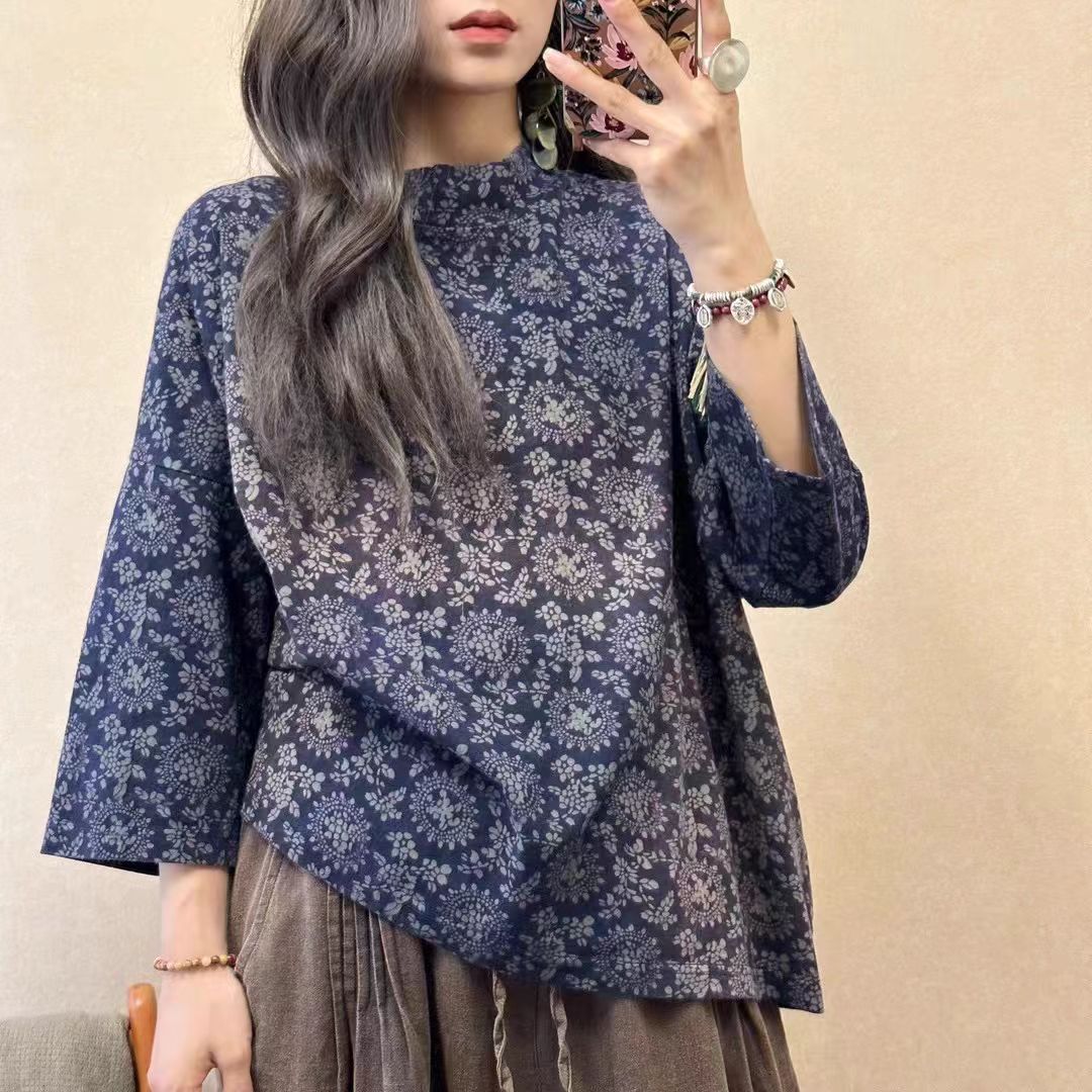 7116砂洗炒花做旧文艺针织7分袖