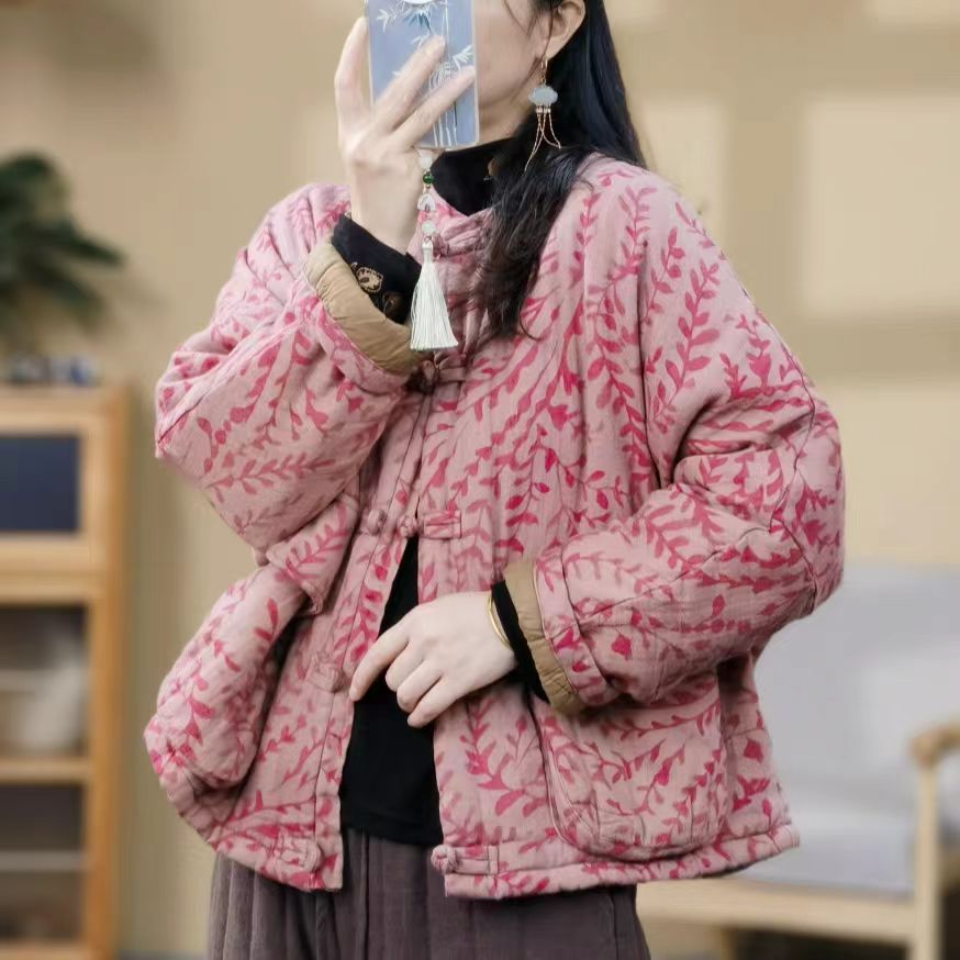 3160复古斜纹印花棉服立领盘扣加厚保暖棉衣