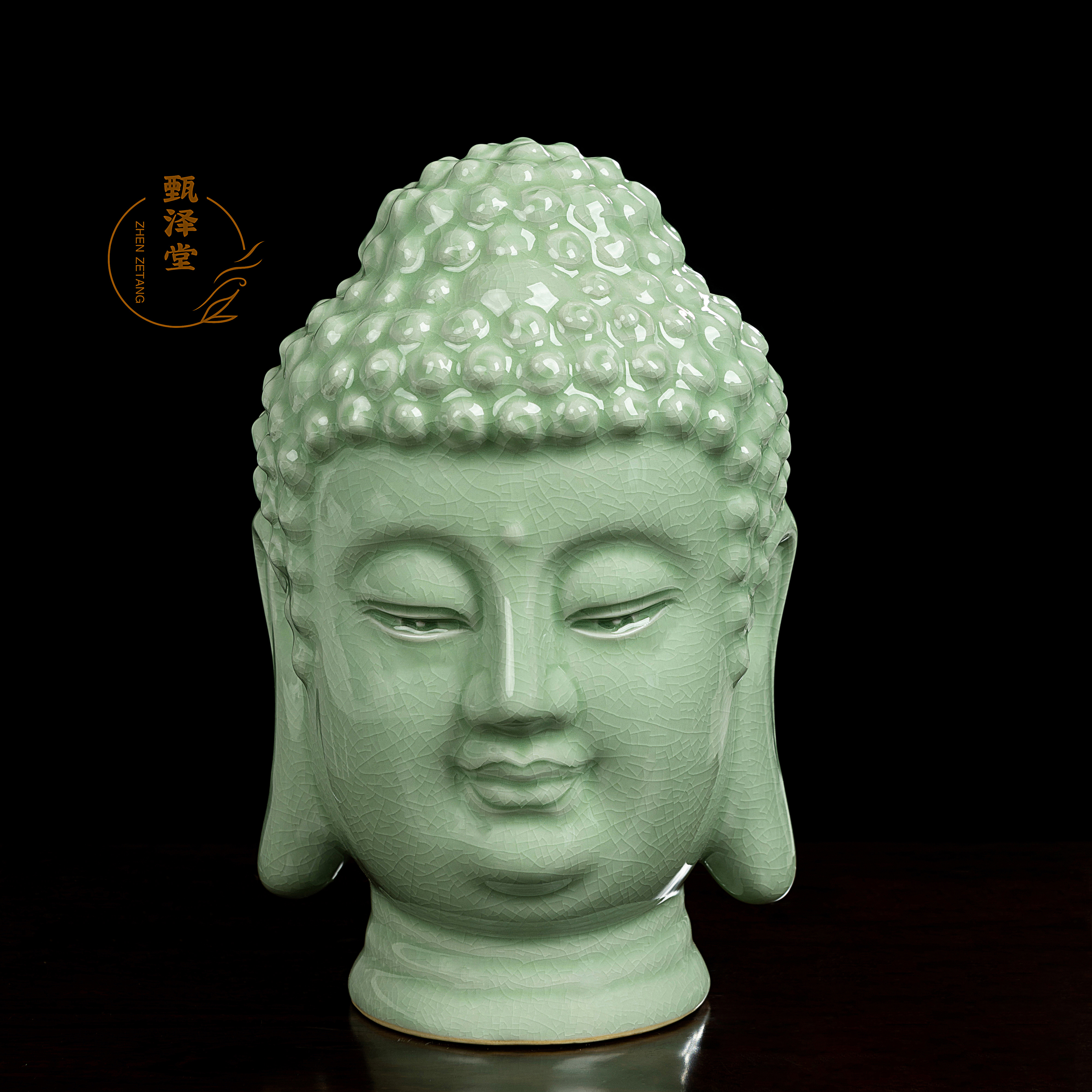 甄泽堂•原矿汝州汝瓷豆绿釉全手工佛头摆件家用陶瓷中式