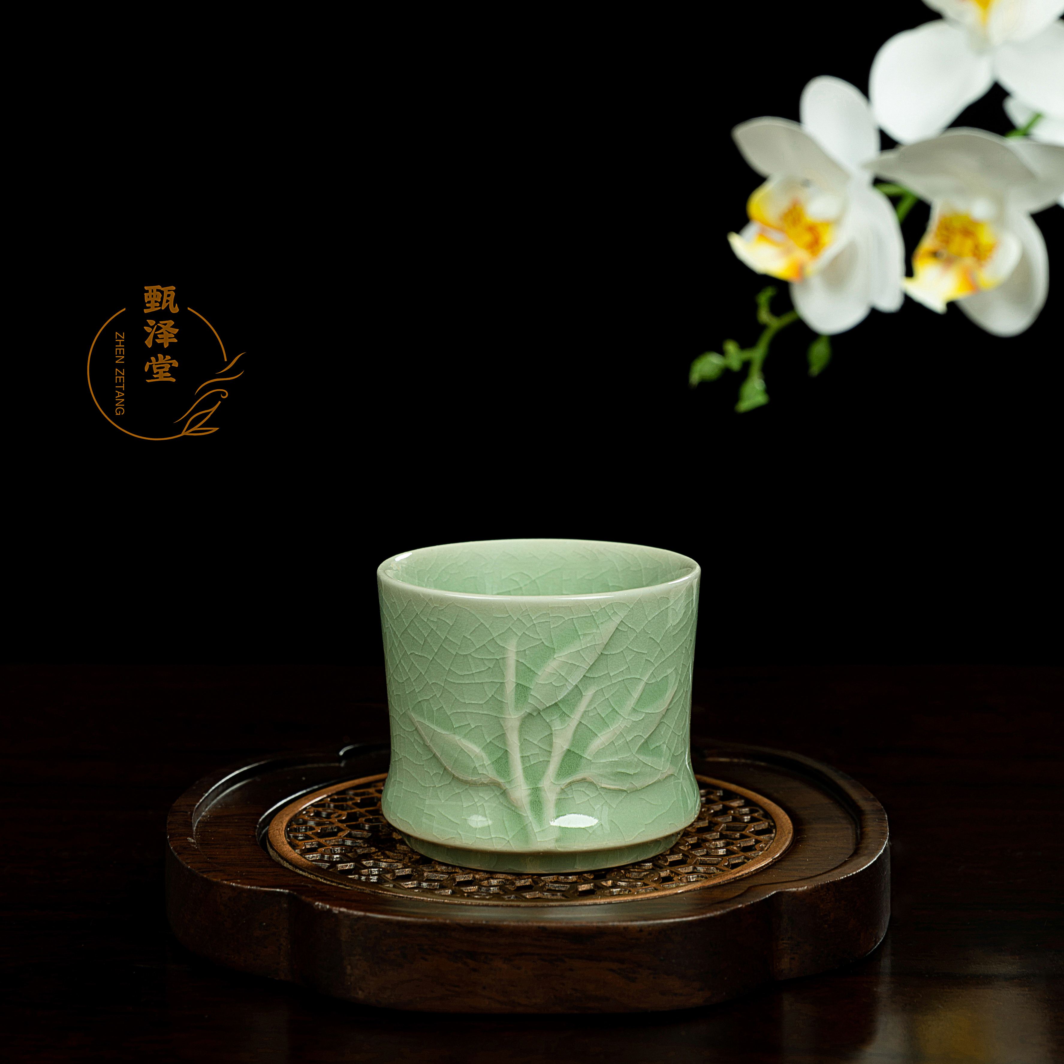 甄泽堂•原矿汝州汝瓷豆绿釉竹节杯陶瓷主人杯天青青瓷全手工对杯