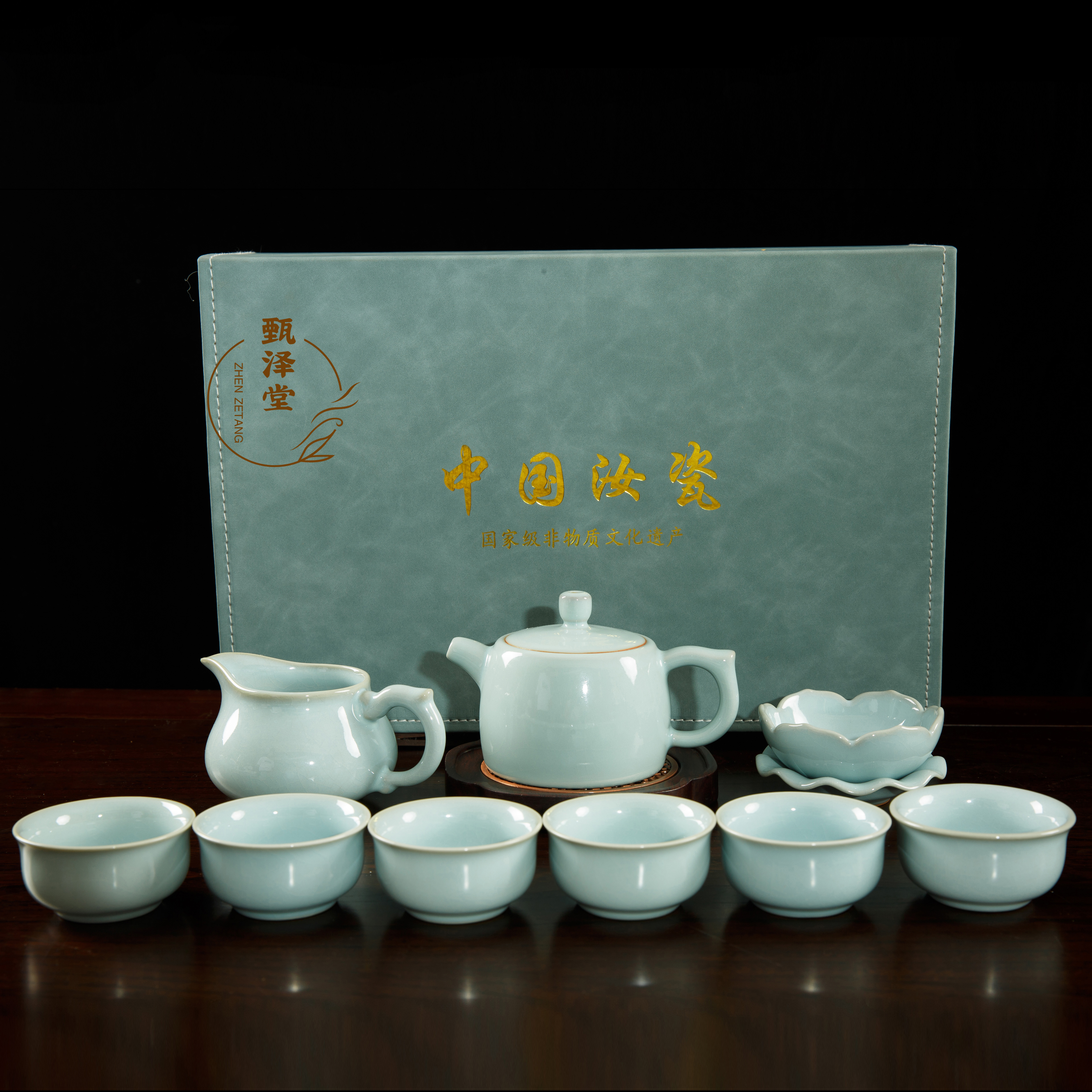 郗奎奎·高端支钉井栏壶全手工天青色汝瓷整套茶具套装