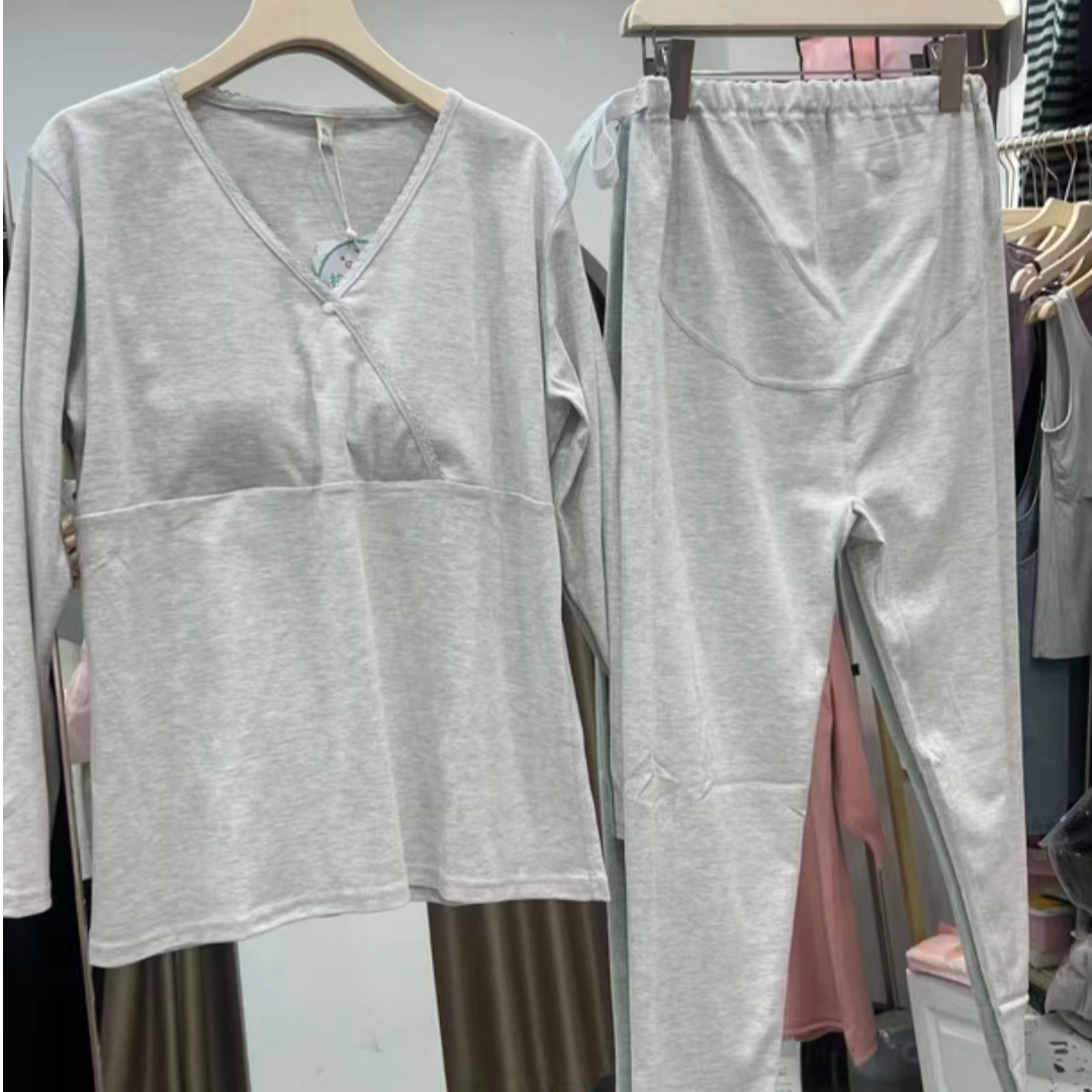 《实体店高品质》孕妇秋冬彩棉秋衣秋裤交叉口哺乳套装