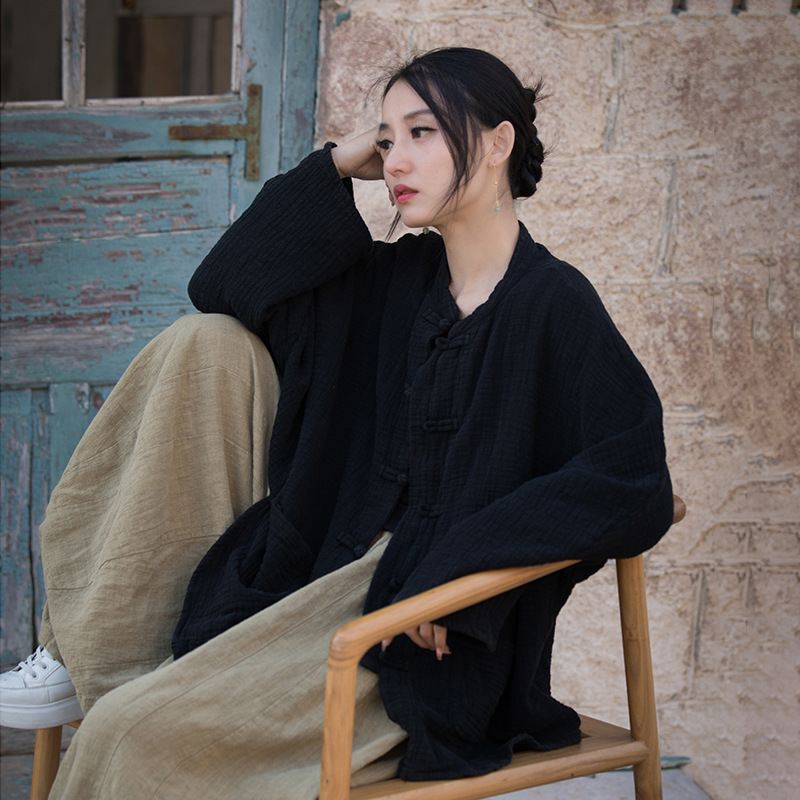 春夏秋季棉麻女装新品双层竹节炒色做旧衬衫居家旅行百搭女式开衫