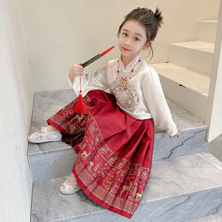 女童马面裙秋装2023新款改良中国风复古中式唐装两件套儿童汉服女