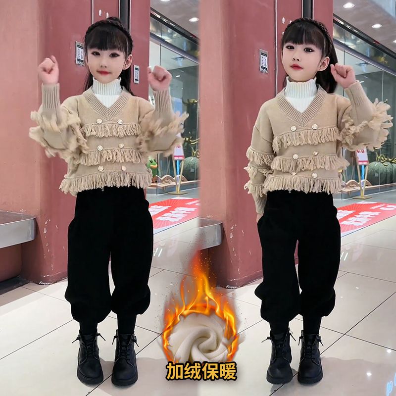 女童秋冬季加绒套装儿童洋气网红加厚毛衣百搭哈伦裤休闲两件套潮