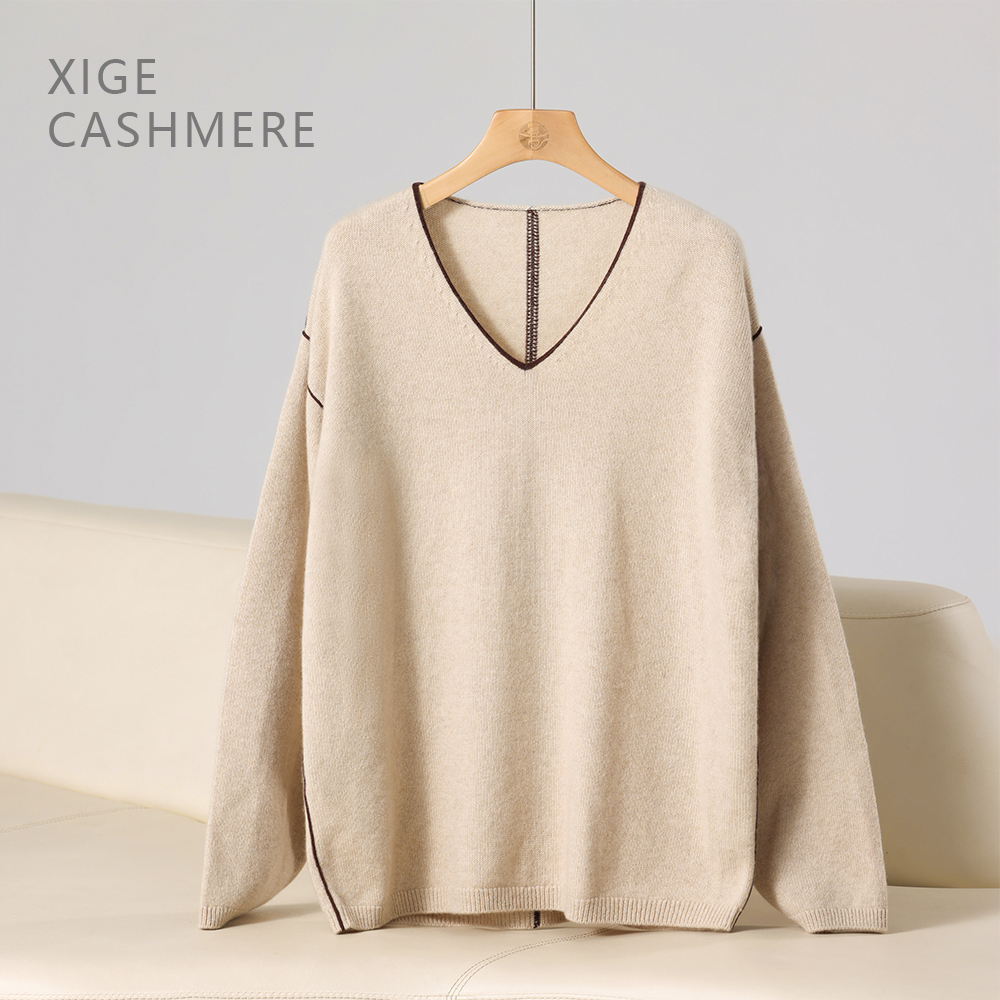 烟花【MIU风】喜歌羊绒 时尚V领撞色针织衫女士上衣 7597