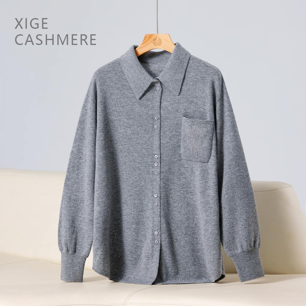 喜歌羊绒 100山羊绒长袖翻领女士针织开衫 7675