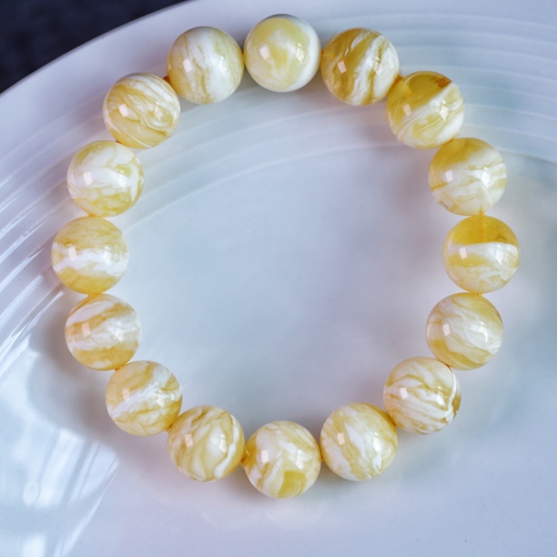 13mm+俄料原矿圆珠金瓷白虎皮纹蜜蜡手串瓷白花珠男女士简约单圈