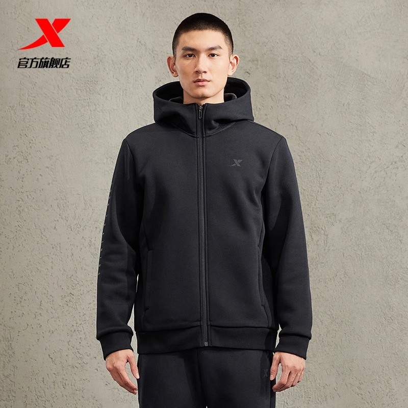 特步加绒运动连帽外套男装冬季新款男子健身训练运动服上衣