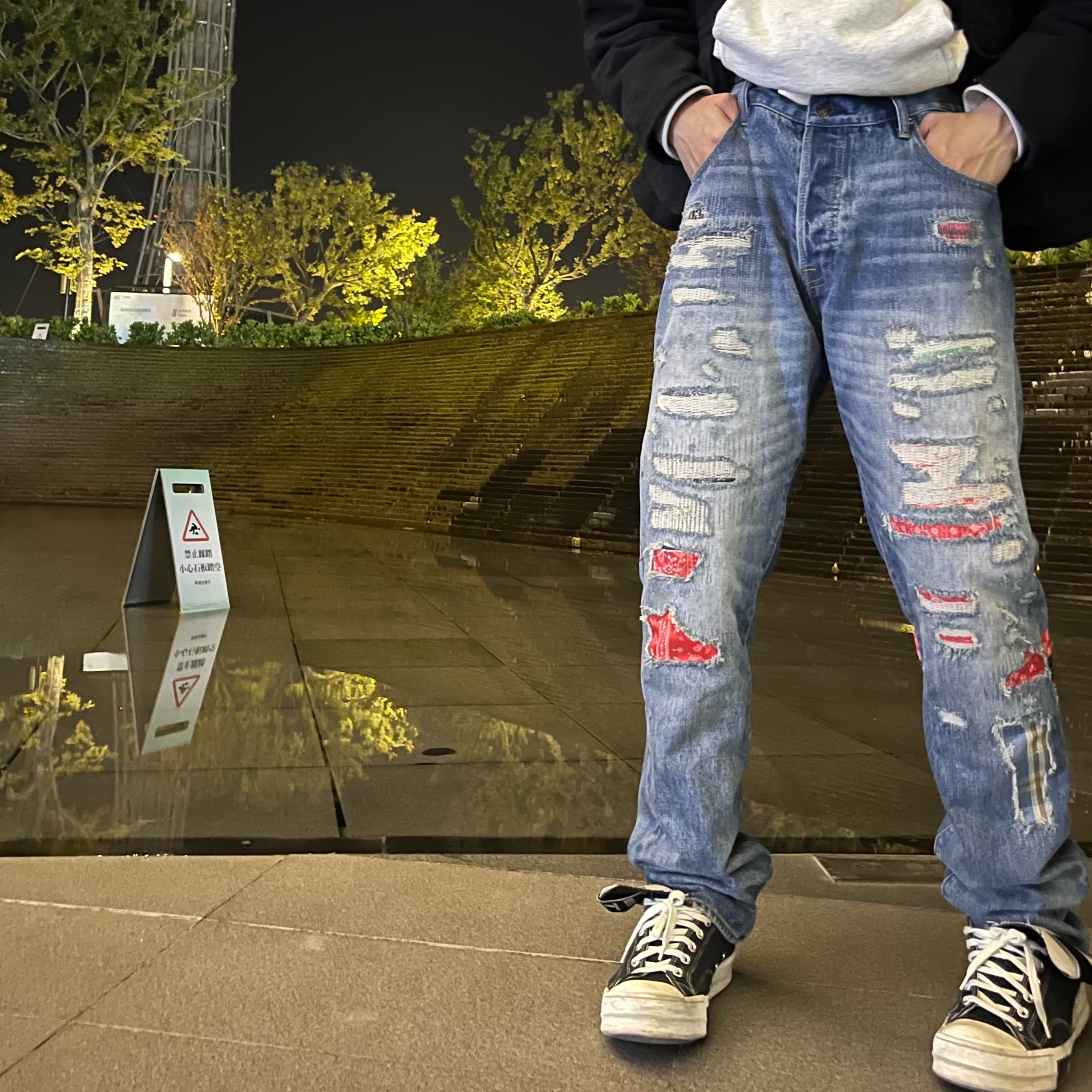 冠希哥同款501平替长寿重工水洗做旧破洞补丁三色织带牛仔裤直筒