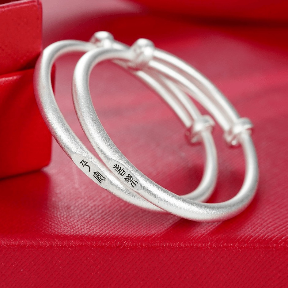 足银手镯 999古法平安喜乐宝宝手镯纯银婴儿小孩儿童满月周岁礼物