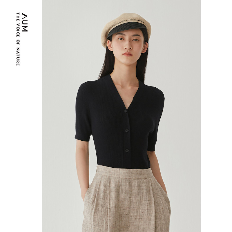 【商场同款】AUM噢姆春季新款黑色五分袖针织开衫显瘦M1CX1S71M