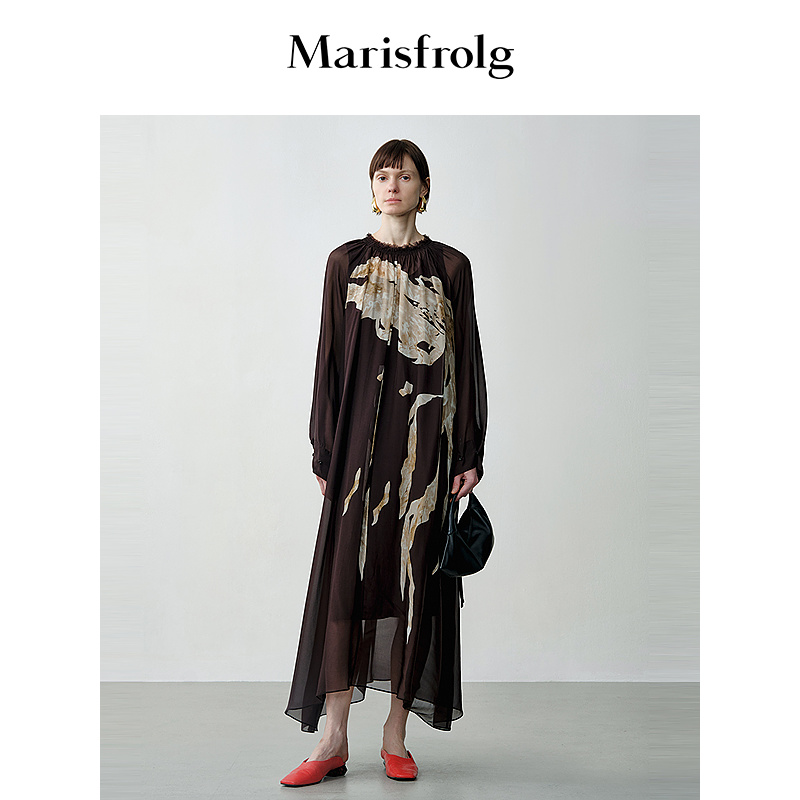 【新能量裙像】玛丝菲尔艺术剪影花稿双飘带桑蚕丝连衣裙A1EG32416