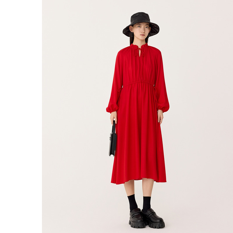 AUM/噢姆裙子夏季气质长袖收腰复古红色时尚宽松连衣裙M1EG10306