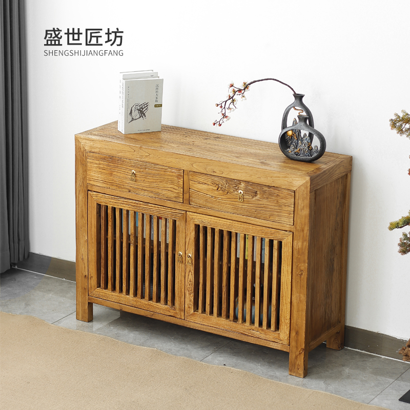 老榆木餐边柜实木家具边柜客厅复古茶水柜橱房储物置物柜子可定制
