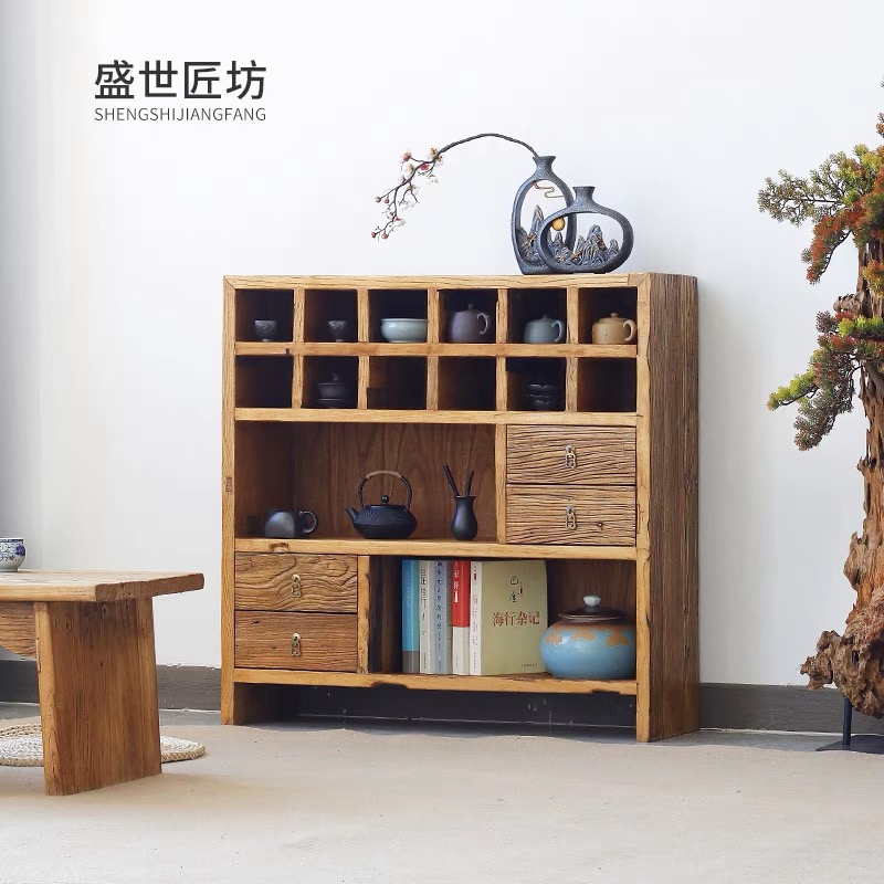 定制实木复古原木茶水柜老榆木多宝阁风化门板置物架新中式收纳柜