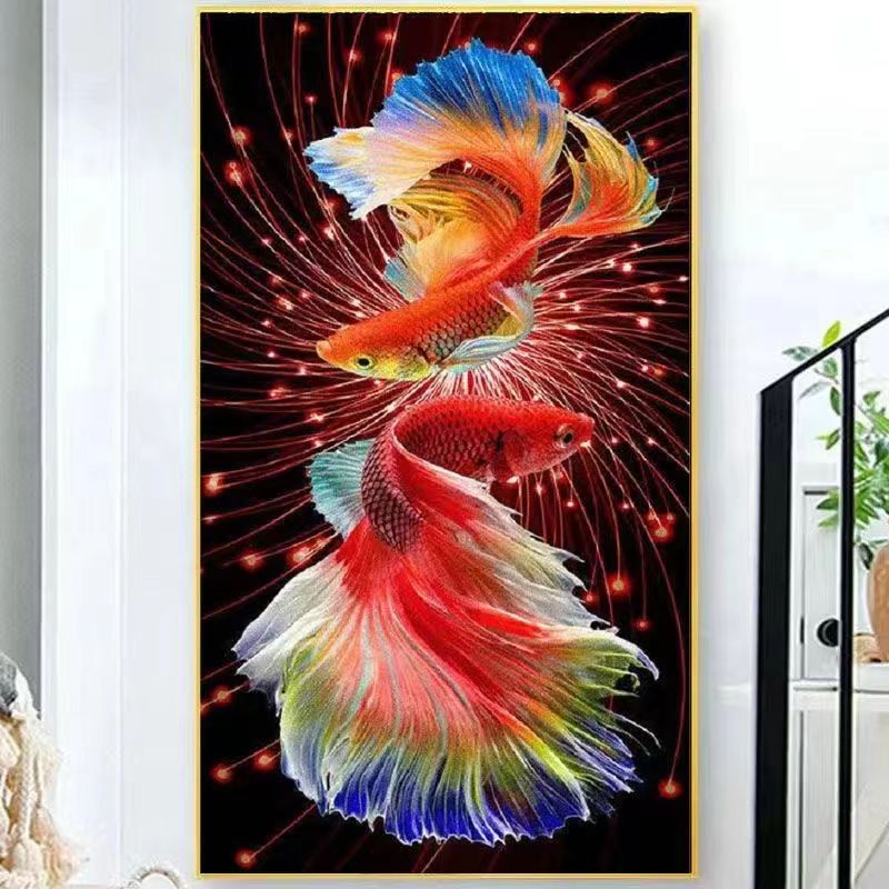 十字绣【火红双锦鲤】大格银丝布新款满绣客厅玄关竖版年年有鱼