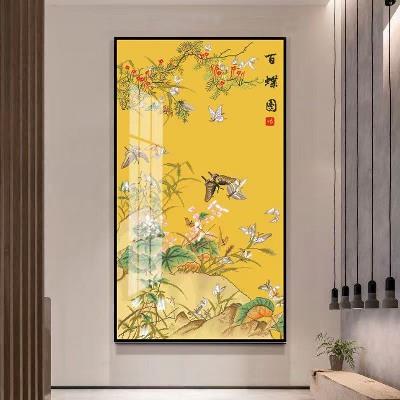 十字绣【百蝶图】新款竖版古绢布大格满绣玄关简单自己线绣中国风