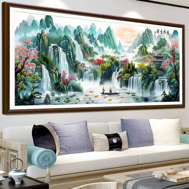 十字绣【流水生财】2025新款山水人家大格客厅大气风景装饰画棉线绣