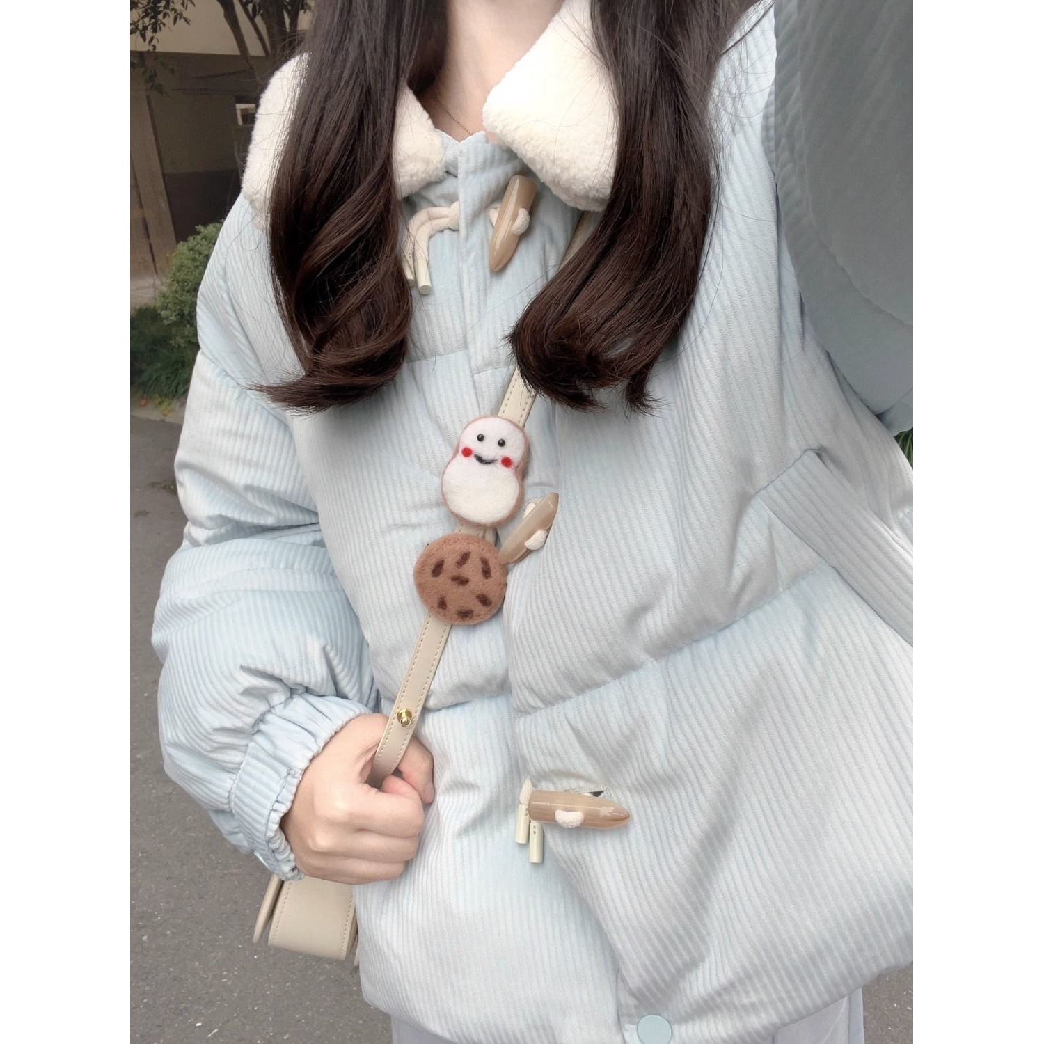 甜美可爱奶fufu领棉服外套女冬季新款学生加厚牛角扣面包服