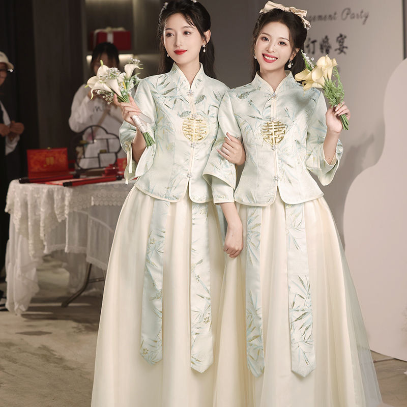 中式伴娘服长袖2023年新款伴娘团姐妹裙中国风伴娘裙伴娘服大码