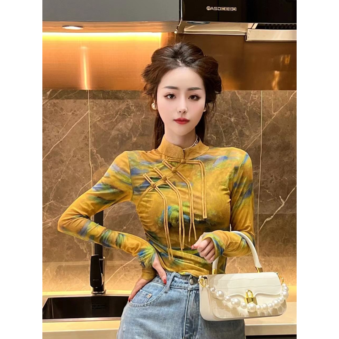 新中式流苏立领长袖打底衫衣女秋季褶皱设计复古高级感修身上衣潮