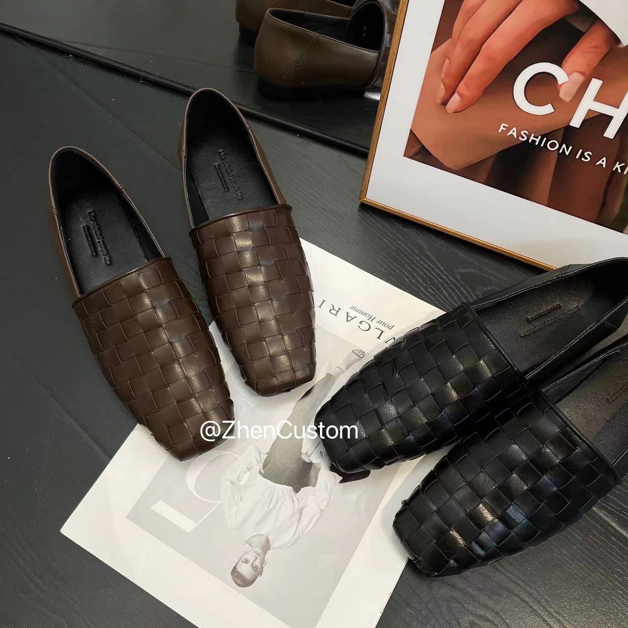 【Zhen】法式编制真皮方头一脚蹬平底乐福鞋（1cm）