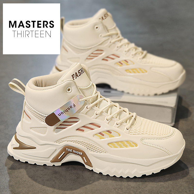 秋季男鞋透气网面鞋子厚底高帮运动鞋男款百搭耐磨休闲鞋-24HJ086