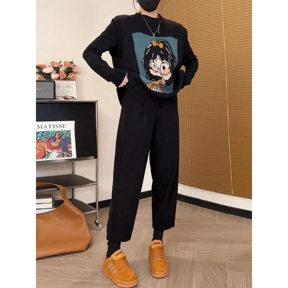 大码休闲哈伦裤女秋冬加绒加厚高腰梨形身材显瘦九分奶奶萝卜裤子