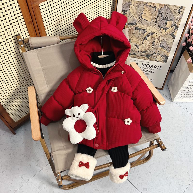 女童冬季棉服加绒加厚女宝宝冬装新款棉衣红色小童棉袄外套冬