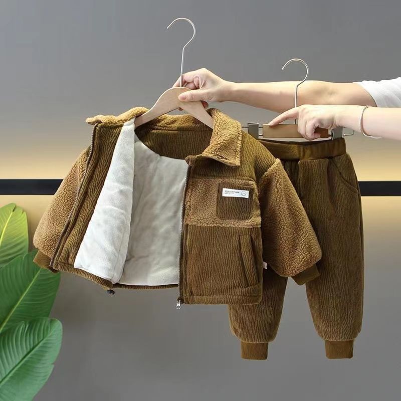 男童冬装套装新款加绒加厚两件套酷帅宝宝冬季棉袄棉裤外套洋气潮
