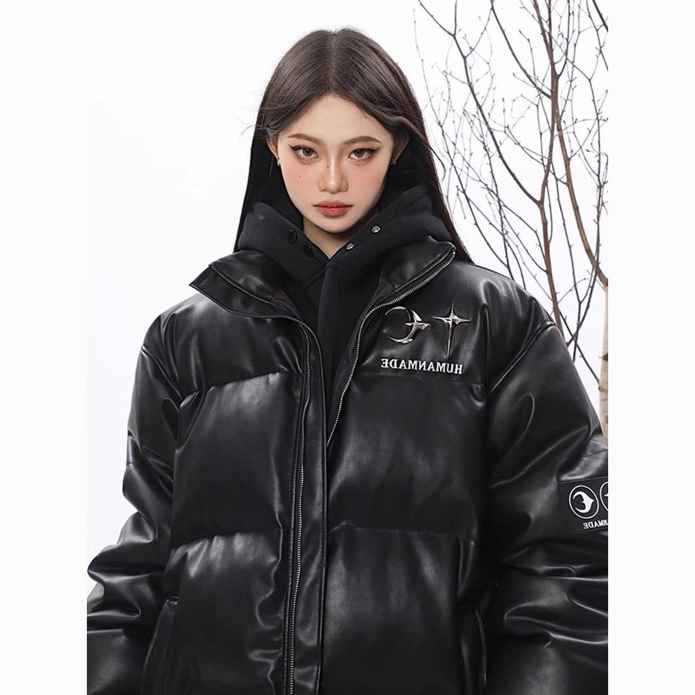 白鸭绒宽松保暖加厚羽绒服女2023冬季新款韩版设计感PU皮时尚外套