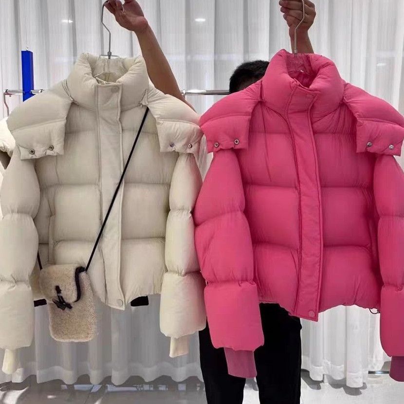 玫红色羽绒服女短款加厚宽松面包服轻奢设计感2023冬季小众