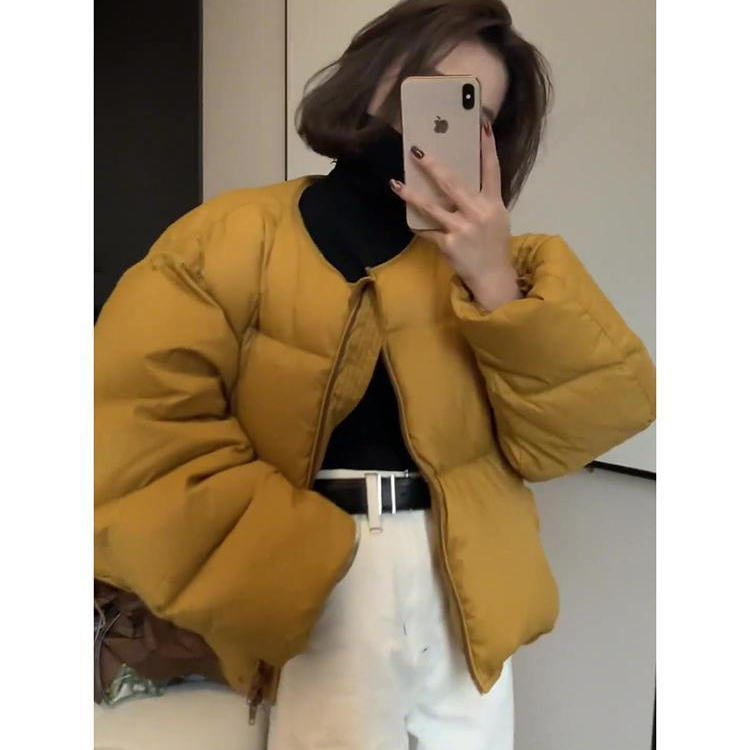 冬季新款高级感超好看小个子韩系姜黄色短款加厚面包绒棉服外套女