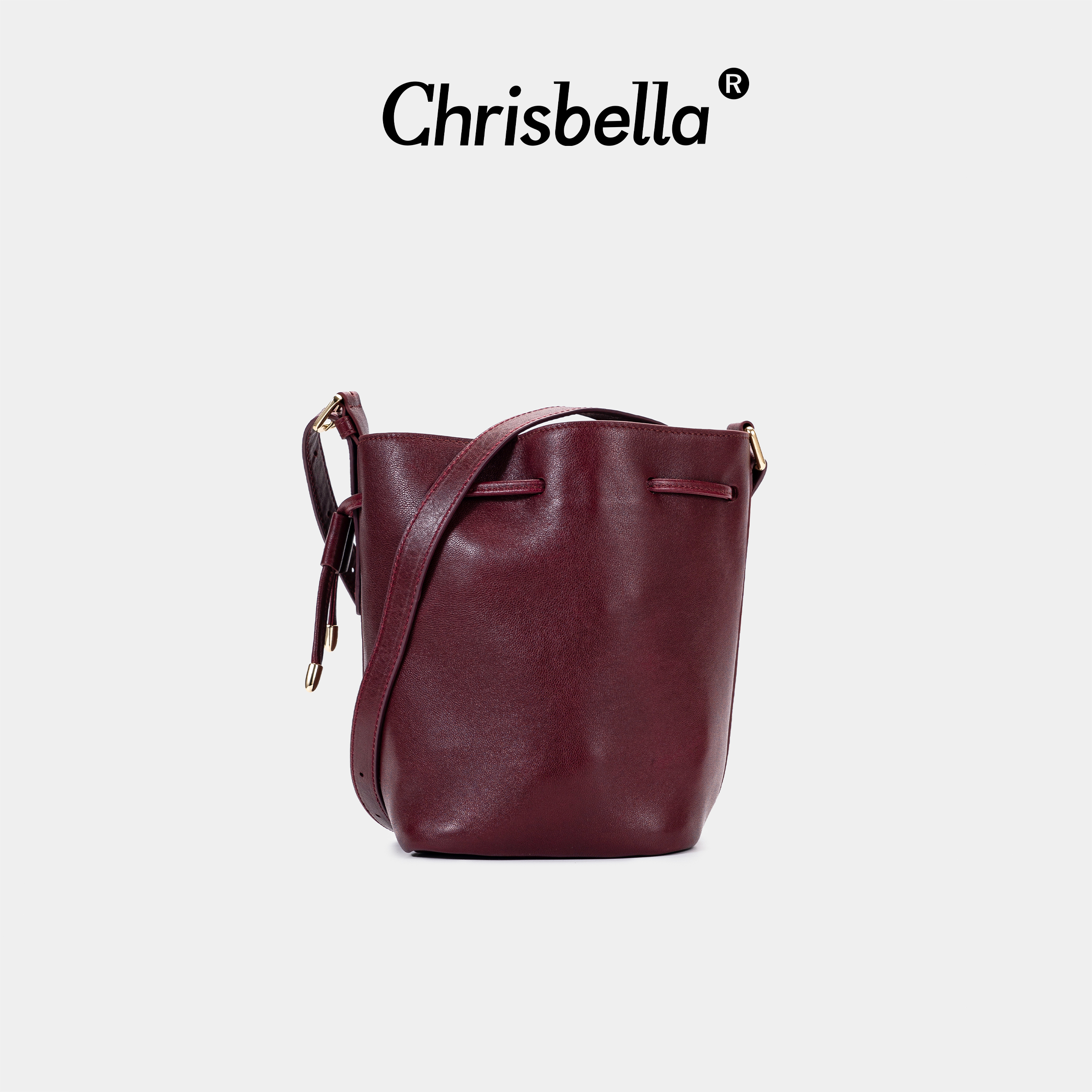 CHRISBELLA抽绳头层牛皮水桶安可拉红植鞣雅丹斜挎包包