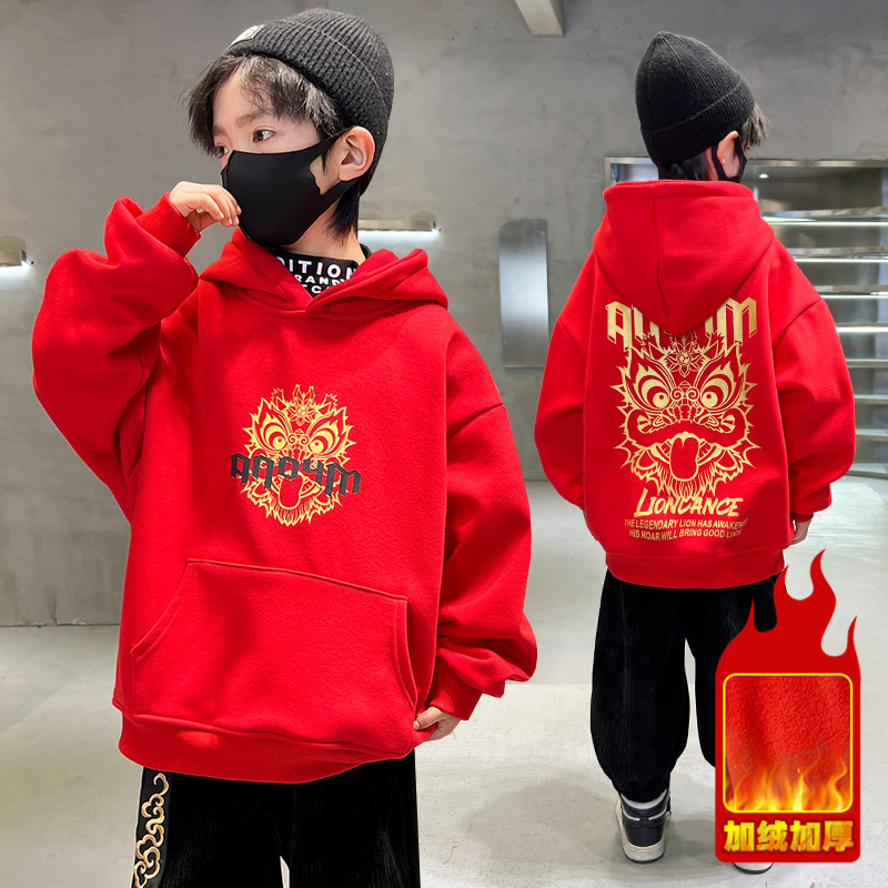儿童装男童红色加绒卫衣龙年秋冬款2024新款本命年冬季加厚拜年服