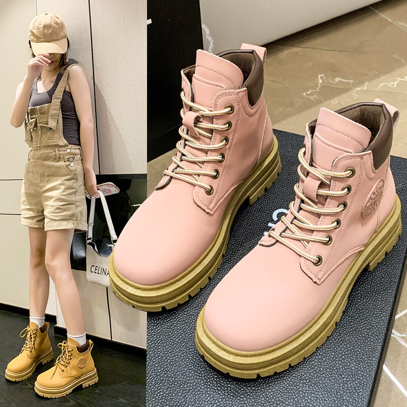 红蜻蜓牌马丁靴女冬季2023年新款粉色大黄靴工装风踢不烂法式短靴