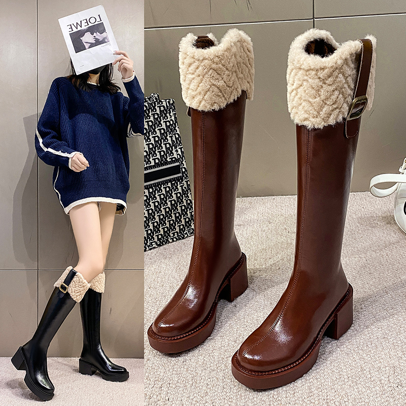 红蜻蜓牌毛毛长筒靴女2023新款秋冬棉鞋加绒雪地靴厚底高筒靴骑士